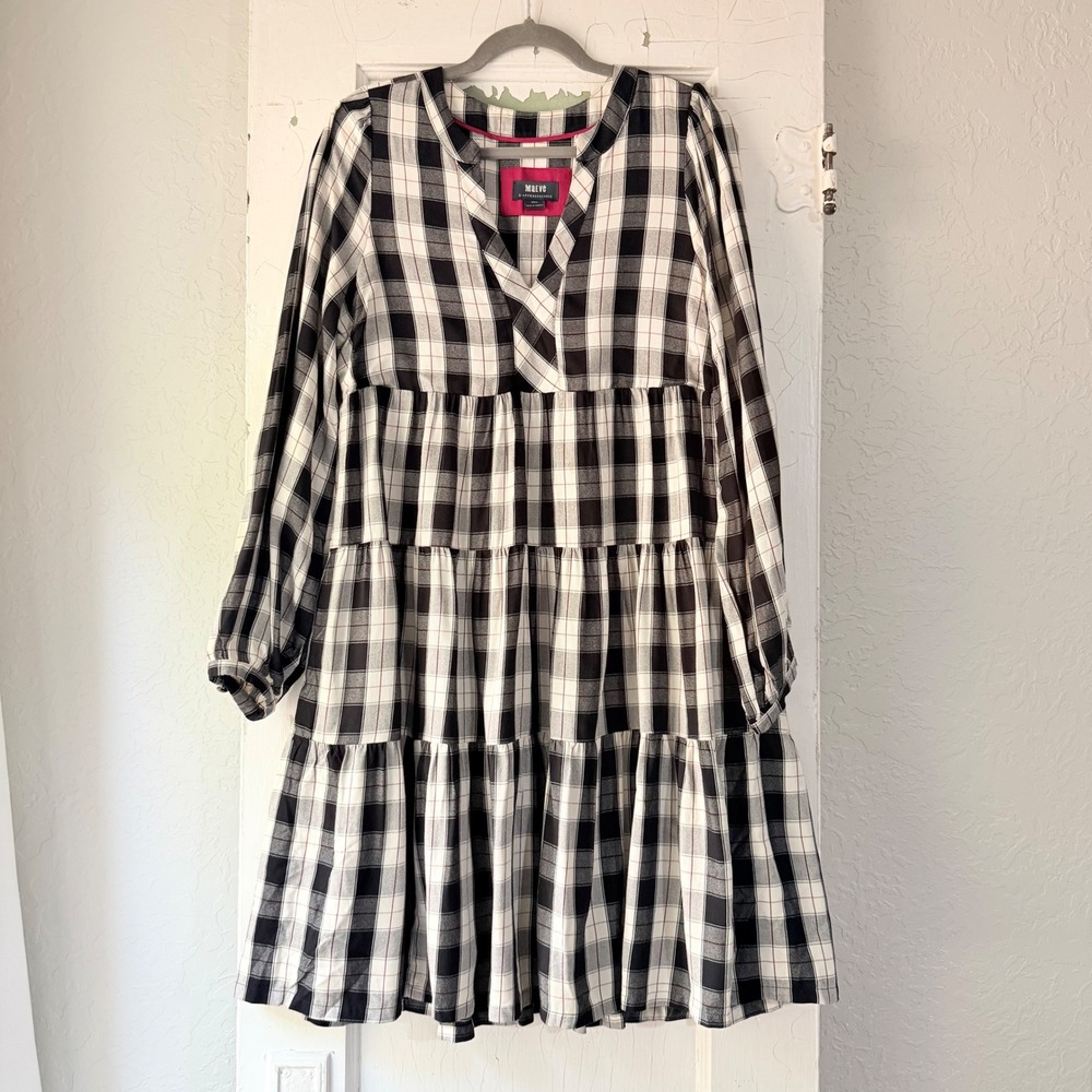 Maeve by Anthropologie Black White Plaid Tiered Babydoll V-Neck Dress Small